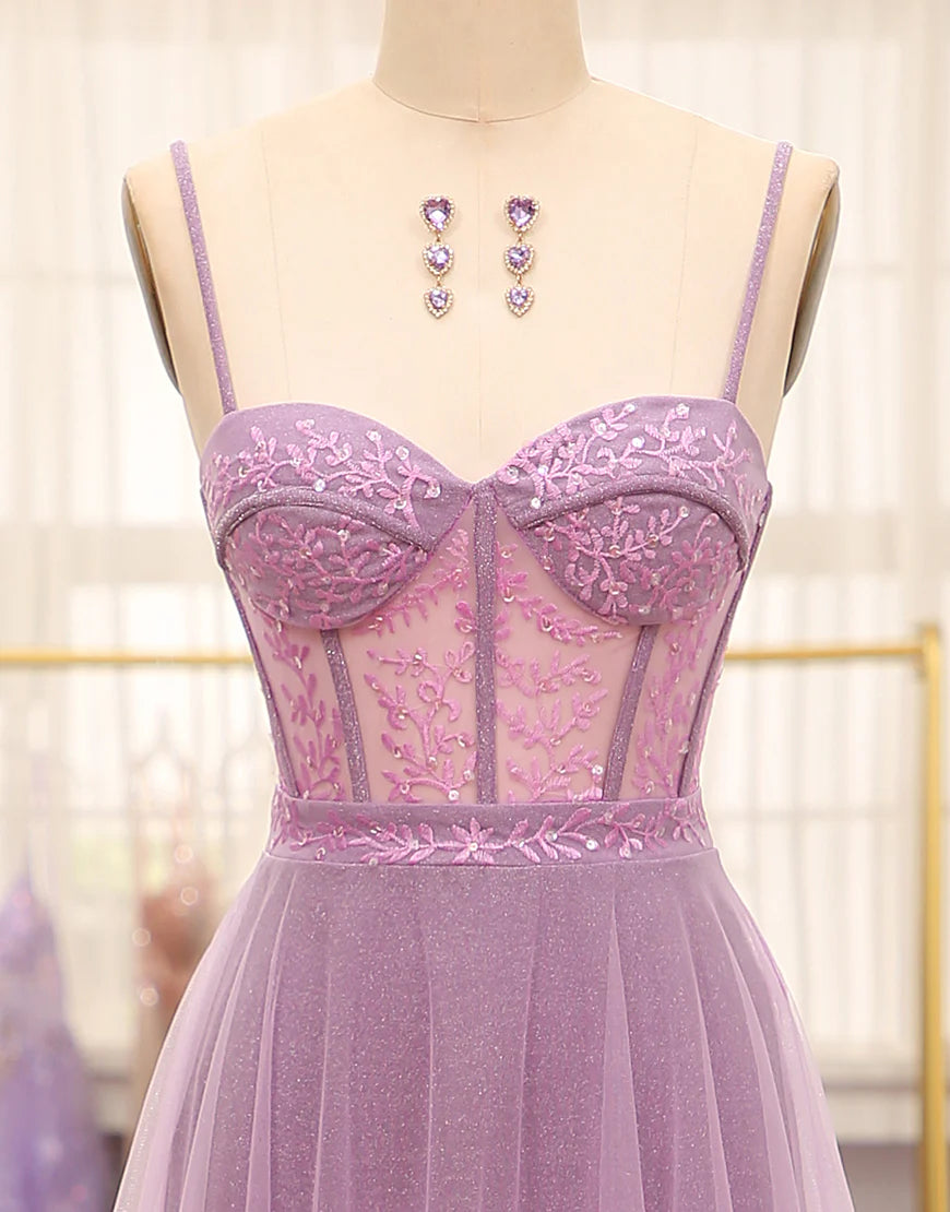 A-Line Princess Lilac Spaghetti Straps Long Corset Prom Dress