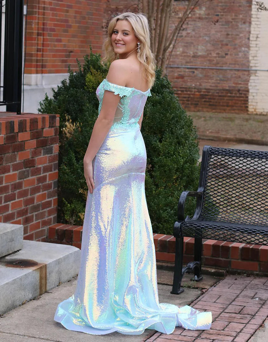 Glitter Mermaid Off the Shoulder Sequins Long Prom Dress