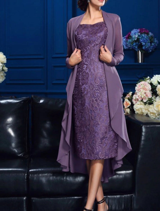 Two Piece Sheath / Column Mother of the Bride Dress Church Elegant Chiffon Lace Long Sleeve Jacket Dresses with Appliques