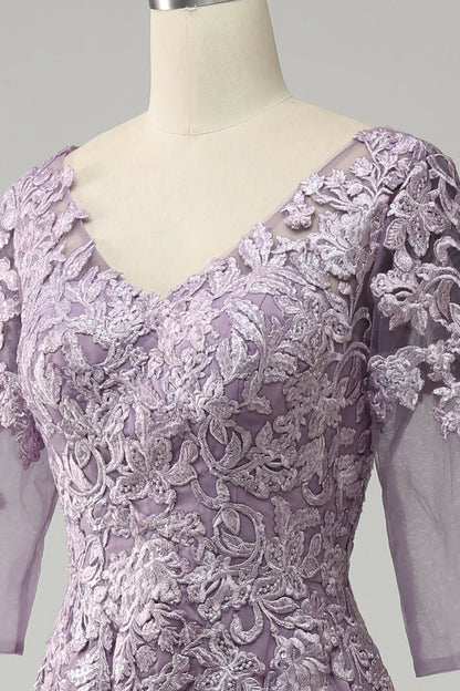 Purple Chiffon V-Neck Floor-length Mother of the Bride Dress with Lace