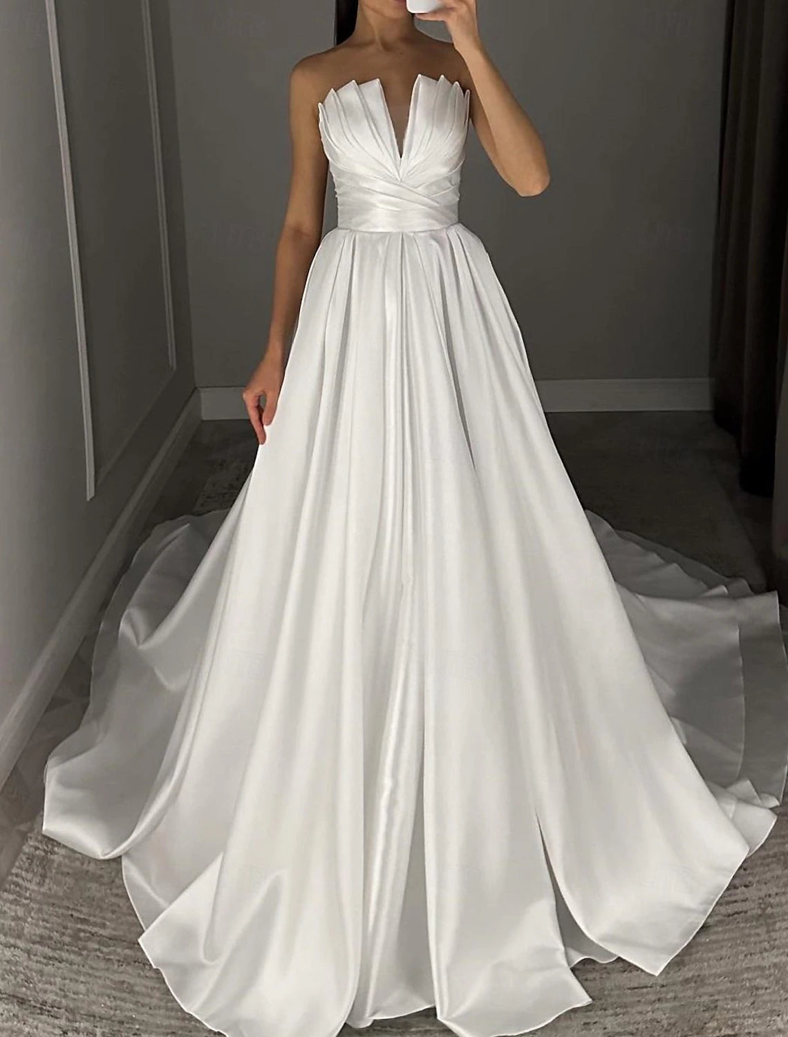 A-Line Evening Gown Wedding Dress Masquerade Chapel Train Sleeveless Strapless Satin with Ruched