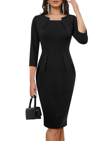 Party Dress Bodycon Cotton Ruched Crew Neck 3/4 Length Sleeve Midi Dress Office Vacation