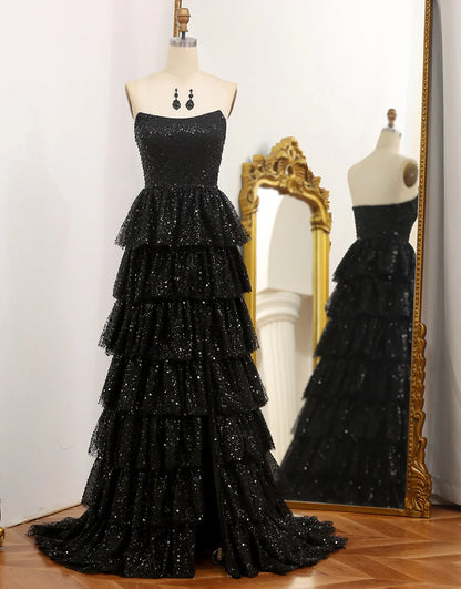 Strapless Glitter A-Line Sequins Black Tiered Prom Dress with Slit