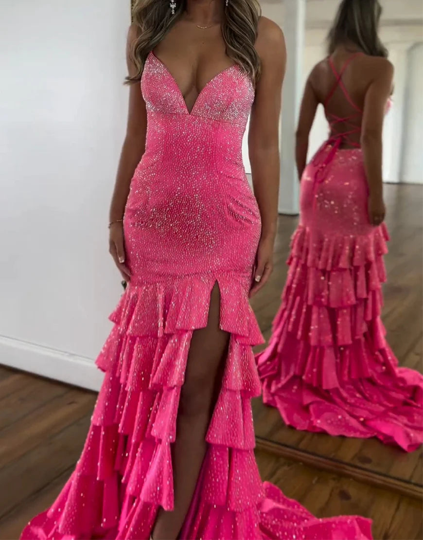 Fuchsia High Slit Glittering Prom Dress Backless/With Lace Up Back Evening Dress