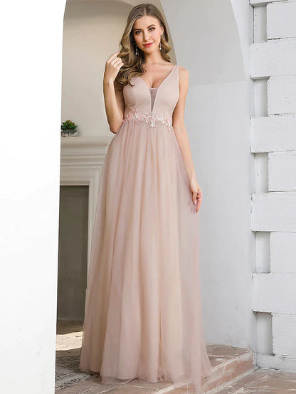 A-Line Plunging Neck Floor Length Tulle Bridesmaid Dress with Appliques