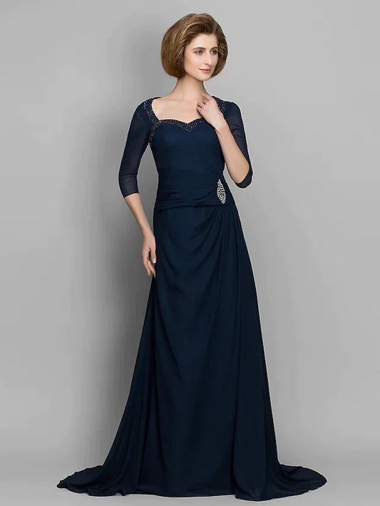 A-Line Mother of the Bride Dress Elegant Sweetheart Neckline Chiffon Length Sleeve with Ruched Beading