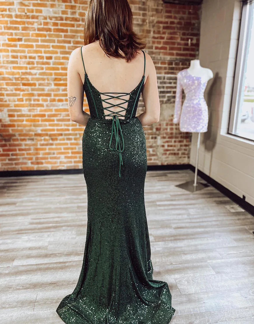 Sequined Mermaid Backless Long Prom Dress With Slit