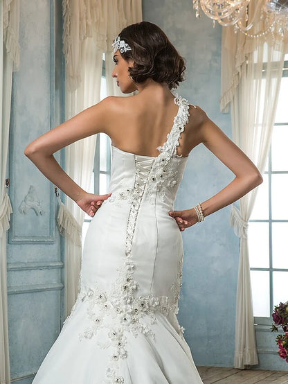 Wedding Dresses One Shoulder Court Train Tulle Sleeveless with Beading Appliques Flower