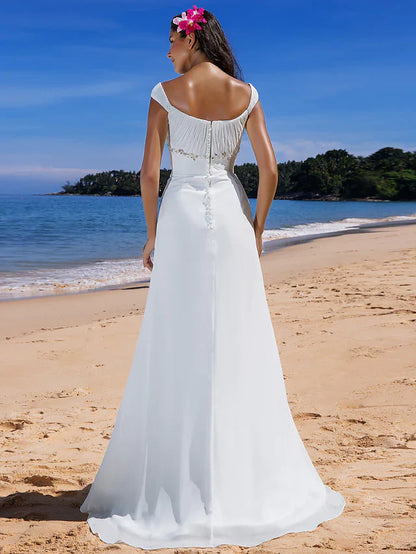 Wedding Dresses Scoop Neck Chiffon Cap Sleeve Beach Plus Size with Beading Draping Button