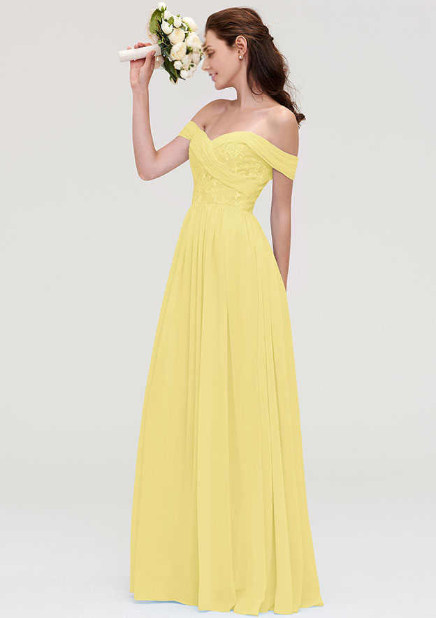 A-line Off-the-Shoulder Sleeveless Long Chiffon Bridesmaid Dresses Wedding Guest Dresses With Pleated Appliqued