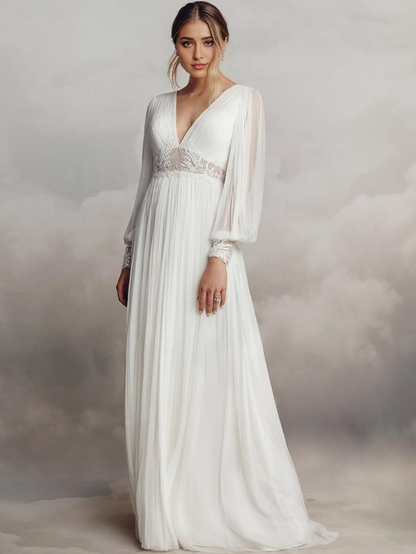 Boho Wedding Dress Chiffon Lace A-Line Sweep Natural Waist Backless Long Sleeves V-Neck Ivory