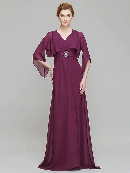 Mother of the Bride Dress V Neck Floor Length Chiffon 3/4 Length Sleeve with Criss Cross Crystals