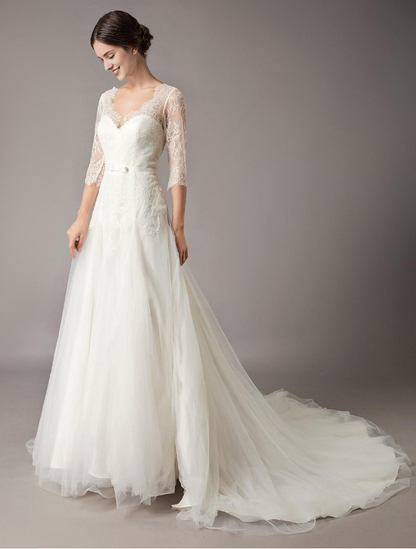 Wedding Dresses A-Line Ivory Illusion Neckline Lace Tulle Half Sleeve Bridal Dress With Train