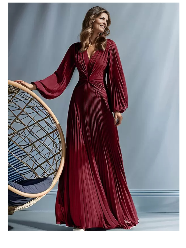 Mother of the Bride Dresse V-Neck Long Sleeves A-Line Pleated Floor-Length Guest Dresses For Wedding