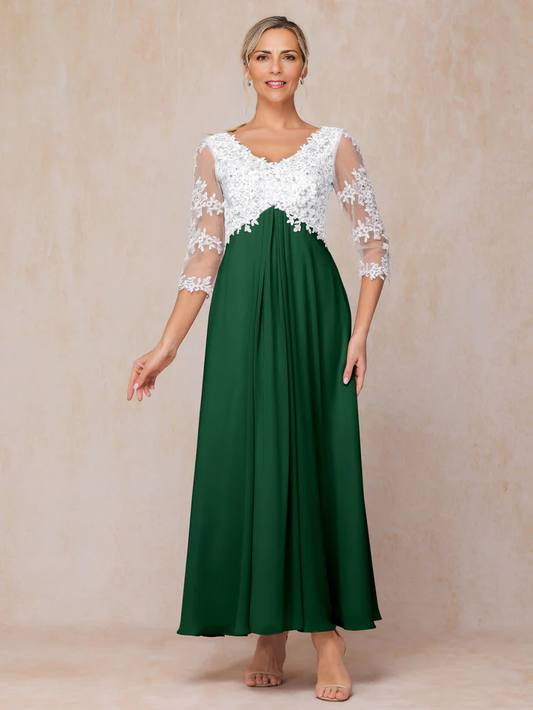 3/4 Sleeves A Line Ankle Length Chiffon Lace Mother of the Bride Dresse