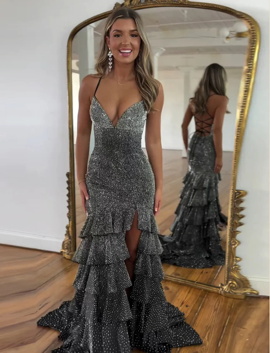 Black Mermaid Beaded Backless/With Lace Up Back V-Neck Long Prom Dress