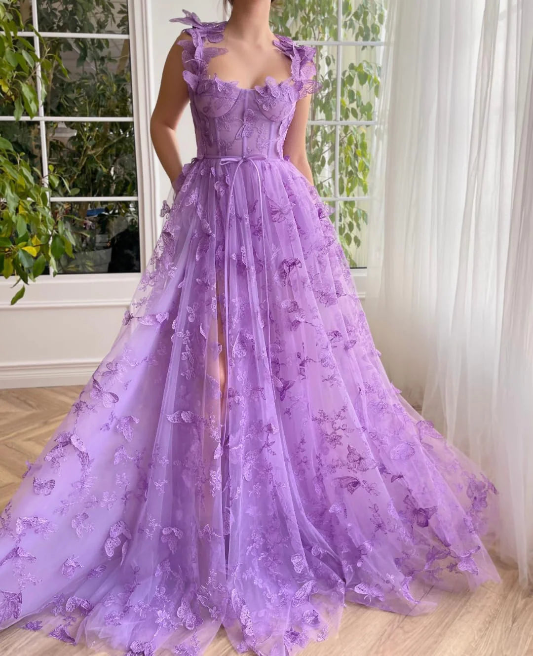 Long Tulle Prom Dress with 3D Butterflies Sexy Slit Ball Gown Evening Dresses Party Wedding Formal