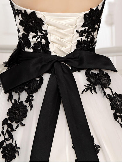 Black And White Wedding Dresses Strapless Lace Sash Beaded Ball Gown Bridal Dress