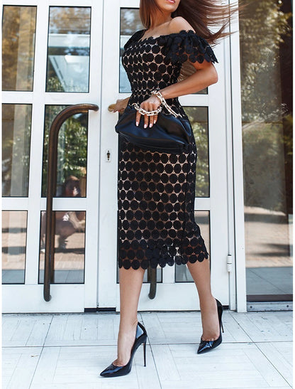 Square Neck Short Sleeve Midi Dress Party Elegant Dress