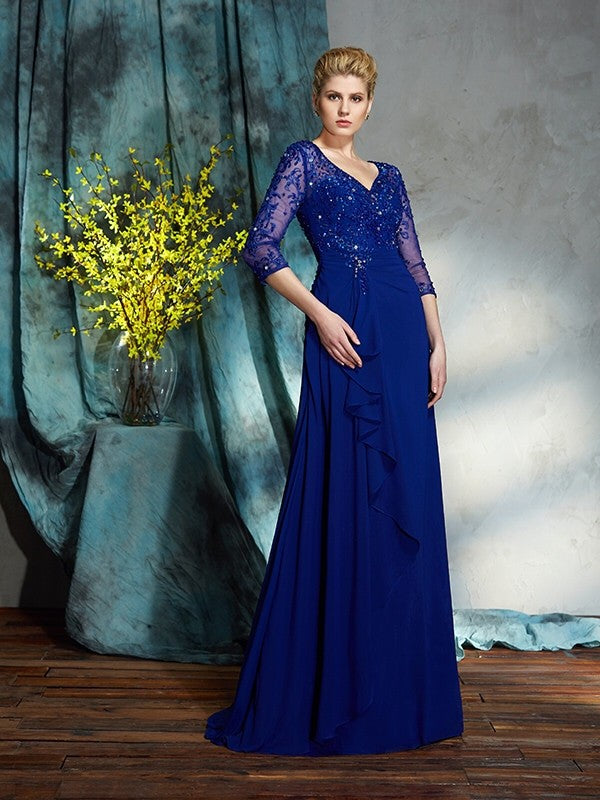 A-Line/Princess V-neck Sequin 3/4 Sleeves Long Chiffon Mother of the Bride Dresses