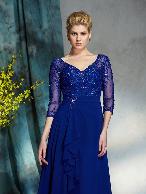 A-Line/Princess V-neck Sequin 3/4 Sleeves Long Chiffon Mother of the Bride Dresses