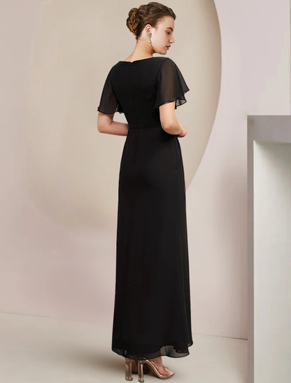 Sheath / Column Mother of the Bride Dress Scoop Neck Ankle Length Chiffon with Crystal Brooch Side-Draped