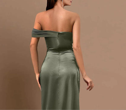 Mermaid Ruched Wedding Guest Dress Sexy Dress Sleeveless Off Shoulder Bridesmaid Dress Satin with Slit