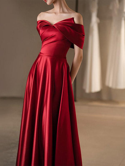 A-Line Bateau Neck Satin Fabric Floor-Length Formal Evening Dress