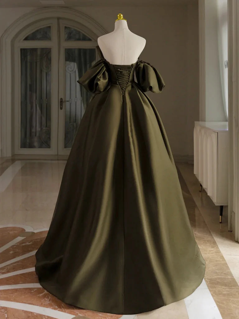 A-Line Puff Sleeves Olive Green Satin Evening Dress Long Prom Dress