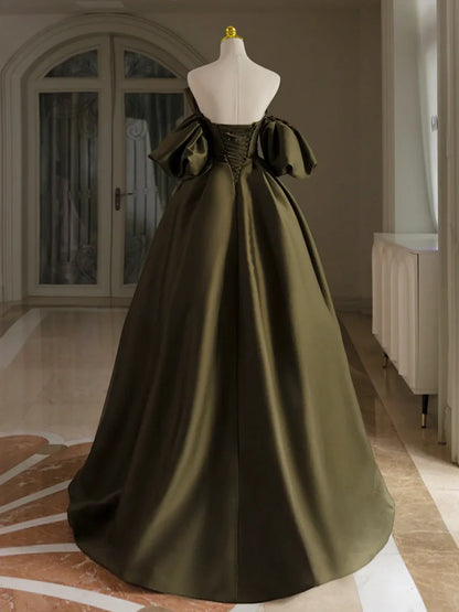 A-Line Puff Sleeves Olive Green Satin Evening Dress Long Prom Dress