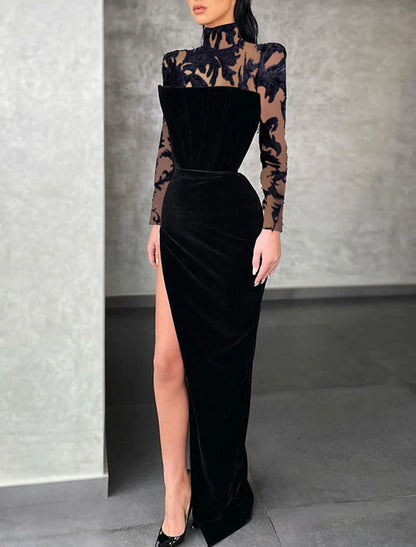 Sheath / Column Evening Gown Formal Floor Length Long Sleeve High Neck Lace with Slit