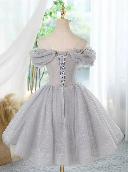 A-Line Scoop Neckline Off Shoulder Tulle Gray Mini Dress Prom Dress With Lace Beads