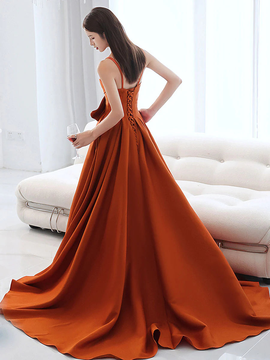 A Line Orange Satin Long Prom Dress Orange Evening Dress