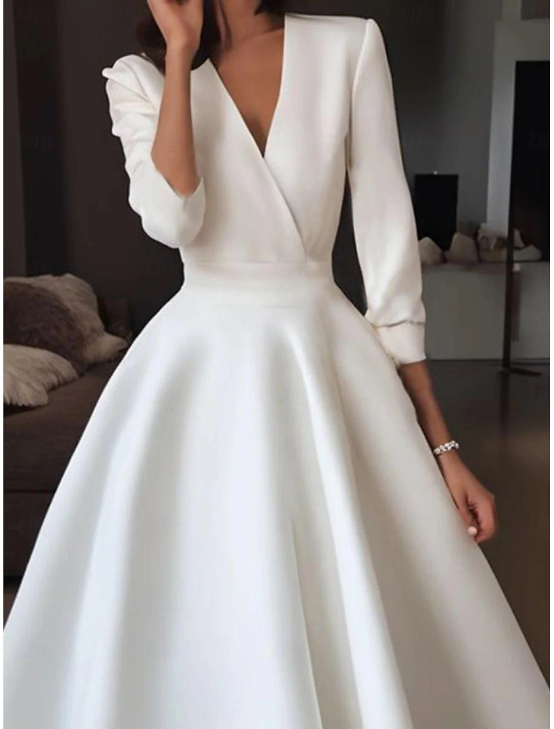 A-Line V Neck Half Sleeve Wedding Dresses Little White Dress Tea Length Satin Bridal Gowns With Draping