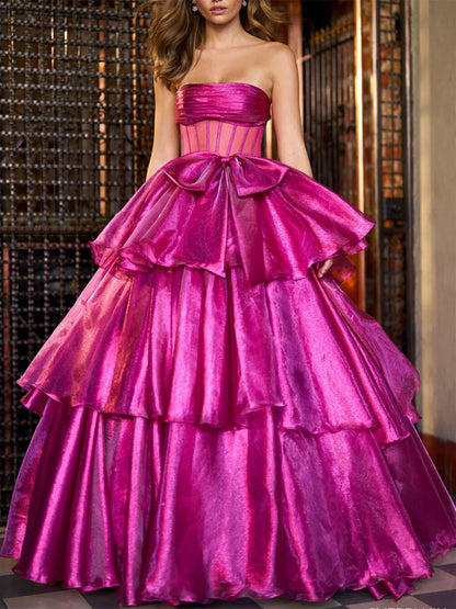 A-Line Princess Ball Gown Strapless Floor-Length Evening Dresses With Ruffles