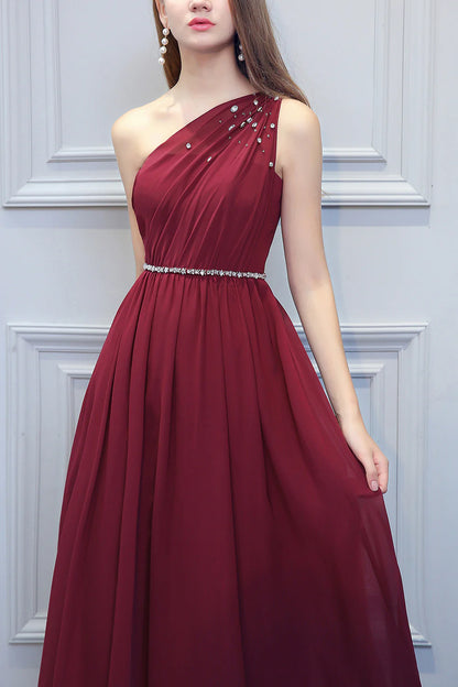 One Shoulder Long Chiffon Evening Dress Bridesmaid Dress With Beading