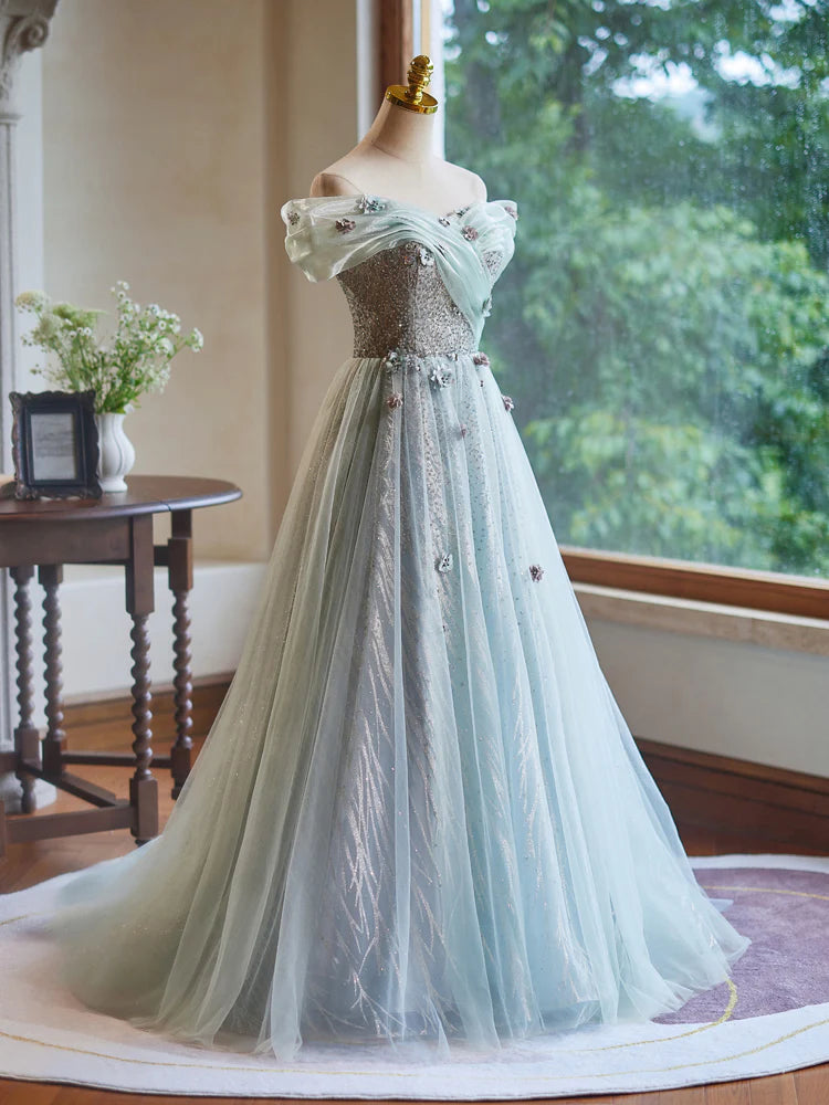 A-Line Off Shoulder Tulle Green Long Prom Dress Evening Dress