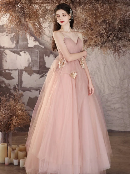 A-Line Princess V Neck Tulle Flower Pink Long Prom Dress Evening Dress