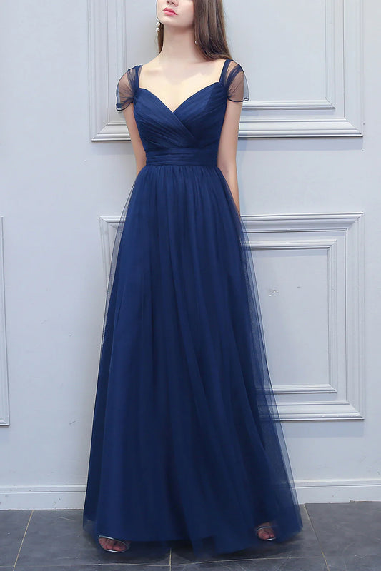 A-line V-neck Long Tulle Bridesmaid Dress Prom Dress