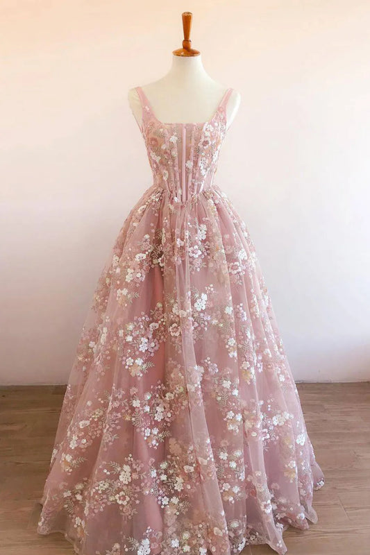 A-Line Princess Square Neck Blush Corset Prom Dress With Embroidery