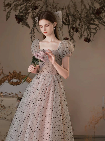 A-Line Short Sleeves Polka Dots Tulle Long Prom Dress With Bow