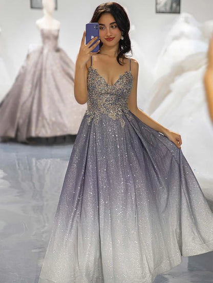 A-Line Princess Gradient Glitter Beaded Prom Dress With Lace Up Back