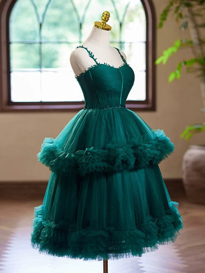 A-Line Sweetheart Neck Tulle Green Short Homecoming Dress