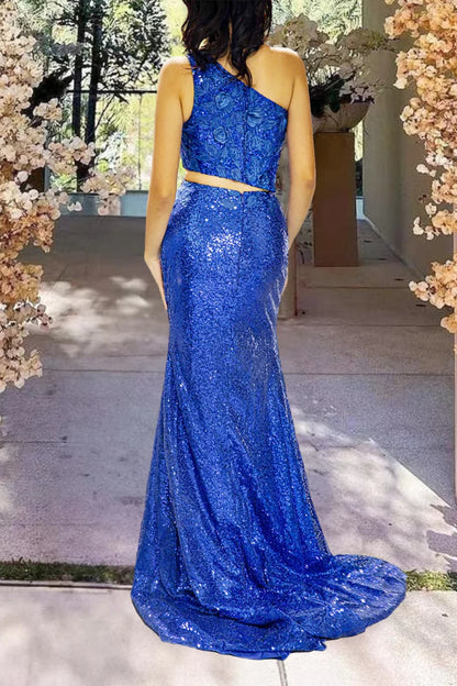 One-shoulder Royal Blue Sequin Slit Senior Prom Dress