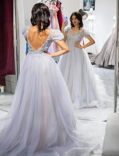 A-Line Princess 3D Beaded V-Neck Tulle Prom Dress With Sleeves