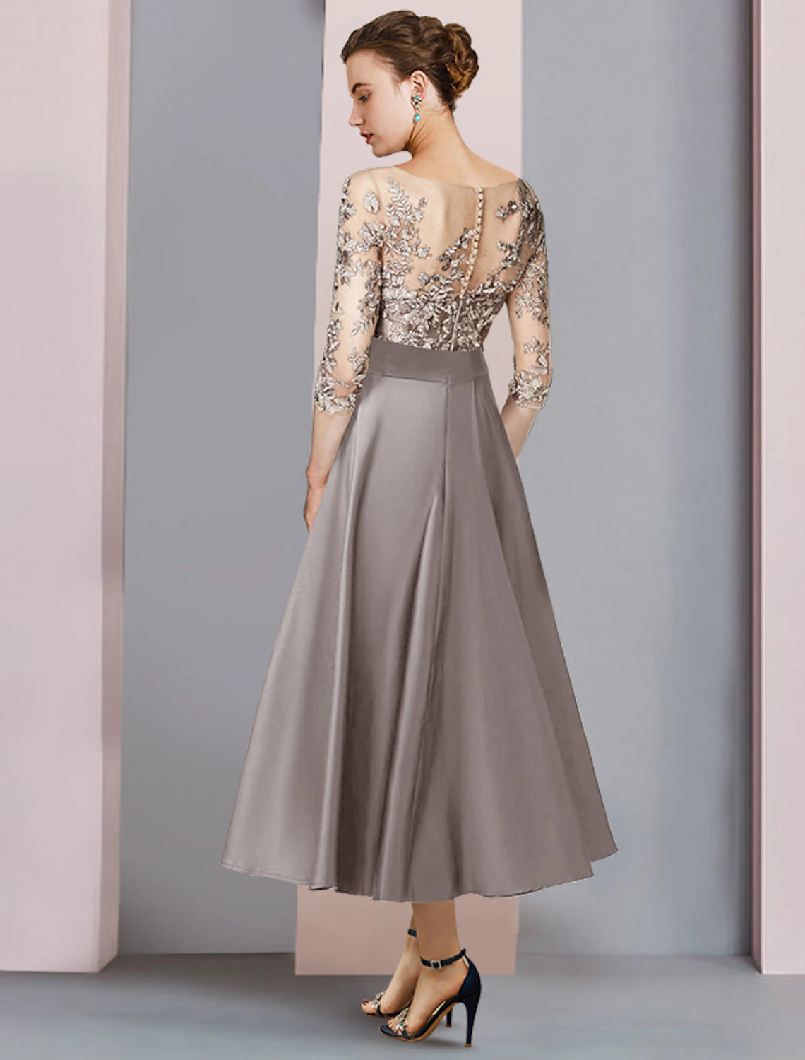 A-Line Mother of the Bride Dress Wedding Guest Elegant Tea Length Satin Lace Half Sleeve with Bow(s) Appliques