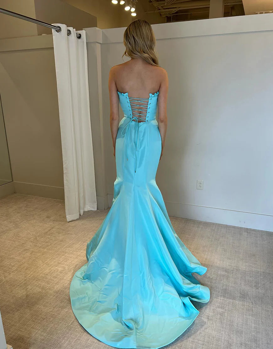 Blue Mermaid Off The Shoulder Backless With Lace Up Back Prom Dress With Slit