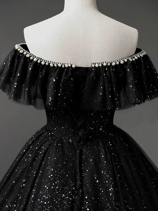 Glitter Black A-line Tulle Off Shoulder Beaded Quinceanera Dress Tulle Prom Dress Evening Dresses