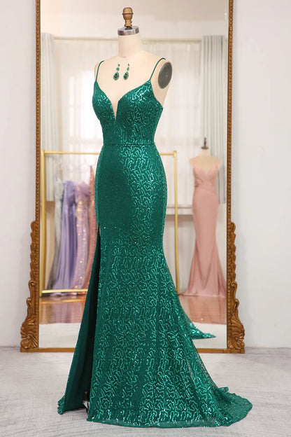 Sparkly Mermaid Spaghetti Straps Dark Green Long Prom Dress with Split Front