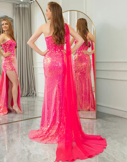 Mermaid Sparkly Fuchsia One Shoulder Long Prom Dress With Slit